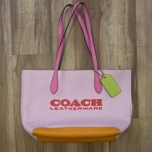 Brand New Coach Pink and Orange Color-Block Kia Tote Bag